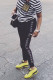 Black Casual Letter Striped Print Pocket O Neck Short Sleeve Two Pieces
