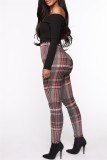Red Fashion Casual Plaid Print Basic Skinny High Waist Pencil Trousers