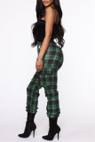 Green Fashion Casual Plaid Print Patchwork Regular High Waist Trousers