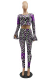 Red Fashion Sexy Print Leopard Basic O Neck Long Sleeve Two Pieces