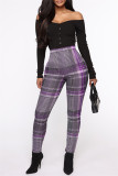 Red Fashion Casual Plaid Print Basic Skinny High Waist Pencil Trousers