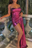 Pink Fashion Sexy Solid Patchwork Backless Strapless Irregular Dress