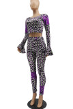 Red Fashion Sexy Print Leopard Basic O Neck Long Sleeve Two Pieces