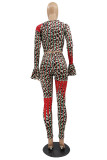 Red Fashion Sexy Print Leopard Basic O Neck Long Sleeve Two Pieces