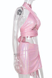 Pink Fashion Sexy Solid Bandage Backless Halter Sleeveless Two Pieces