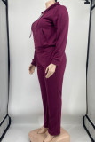 Rose Red Casual Solid Split Joint Zipper Hooded Collar Plus Size Two Pieces