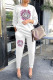 White Fashion Casual Print Patchwork O Neck Long Sleeve Two Pieces