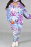 Blue Red Fashion Casual Print Tie-dye Zipper Collar Plus Size Two Pieces