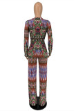Orange Fashion Casual Print Bandage V Neck Long Sleeve Two Pieces