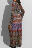 Orange Fashion Casual Print Bandage V Neck Long Sleeve Two Pieces