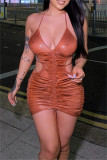 Brown Sexy Solid Bandage Draw String Backless Halter Sling Dress