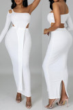 White Sexy Solid Hollowed Out Patchwork Asymmetrical Oblique Collar Long Sleeve Two Pieces