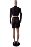 Black Fashion Sexy Patchwork See-through Hot Drill O Neck Long Sleeve Two Pieces