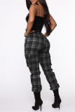 Green Fashion Casual Plaid Print Patchwork Regular High Waist Trousers