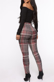 Red Fashion Casual Plaid Print Basic Skinny High Waist Pencil Trousers