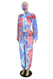 Blue Red Fashion Casual Print Tie-dye Zipper Collar Plus Size Two Pieces