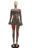 Red Fashion Sexy Print Leopard Basic O Neck Long Sleeve Two Pieces