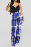 Blue Fashion Casual Plaid Print Basic Regular High Waist Trousers