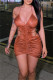 Brown Sexy Solid Bandage Draw String Backless Halter Sling Dress