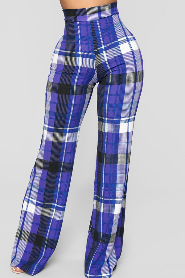 Blue Fashion Casual Plaid Print Basic Regular High Waist Trousers