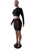 Black Fashion Sexy Patchwork See-through Hot Drill O Neck Long Sleeve Two Pieces