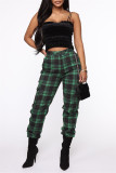 Green Fashion Casual Plaid Print Patchwork Regular High Waist Trousers