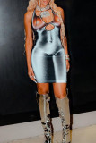 Silver Fashion Sexy Print Hollowed Out Backless Spaghetti Strap Sleeveless Dress