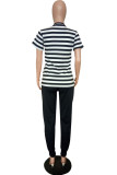 Black Casual Letter Striped Print Pocket O Neck Short Sleeve Two Pieces