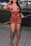 Brown Sexy Solid Bandage Draw String Backless Halter Sling Dress