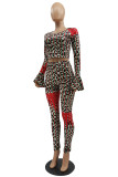 Red Fashion Sexy Print Leopard Basic O Neck Long Sleeve Two Pieces