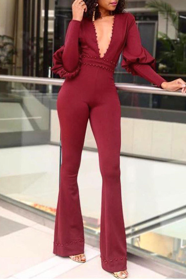 Burgundy Sexy Solid Patchwork Beading V Neck Regular Jumpsuits