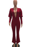 Burgundy Sexy Solid Patchwork Beading V Neck Regular Jumpsuits