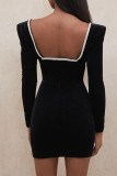 Black Sexy Solid Patchwork Rhinestone V Neck One Step Skirt Dresses