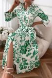 Pink Casual Print Patchwork Buckle Turndown Collar Shirt Dress Dresses