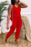 Rose Red Fashion Casual Solid Basic O Neck Regular Jumpsuits
