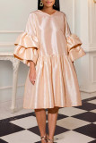 Apricot Fashion Casual Solid Patchwork Flounce V Neck Long Sleeve Dresses