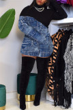 Blue Fashion Sexy Print Patchwork Turtleneck Long Sleeve Dress