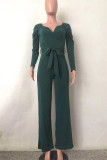 Green Fashion Casual Solid With Belt V Neck Regular Jumpsuits