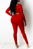 Red Fashion Casual Solid Patchwork U Neck Long Sleeve Two Pieces