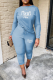 Light Blue Casual Print Patchwork O Neck Long Sleeve Two Pieces