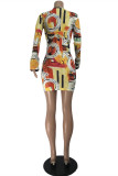 Multicolor Fashion Sexy Print Hollowed Out V Neck Long Sleeve Dresses