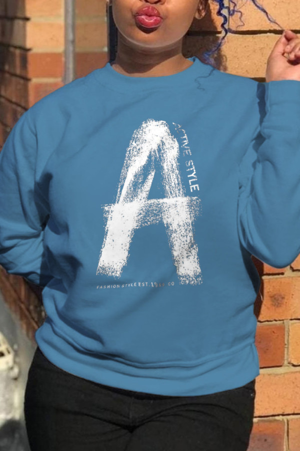 Blue Fashion Street Print Patchwork O Neck Tops