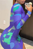 Colour Fashion Sexy Print Hollowed Out O Neck Long Sleeve Dresses