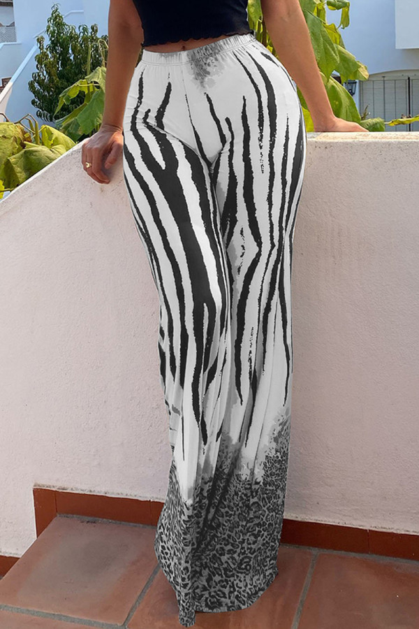 Black And White Fashion Casual Print Basic Regular High Waist Trousers