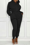 Black Casual Solid Split Joint Zipper Hooded Collar Loose Jumpsuits