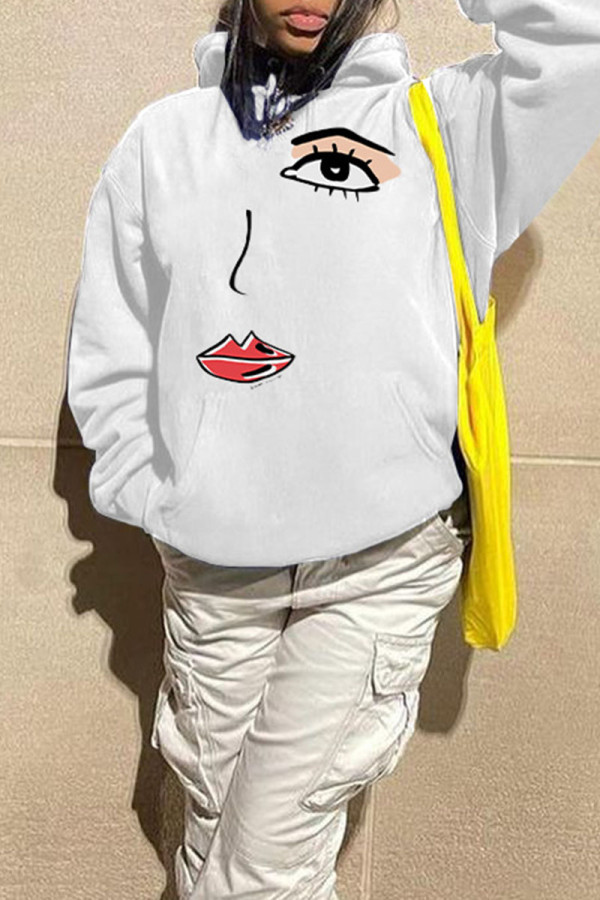 White Casual Street Print Patchwork Hooded Collar Tops