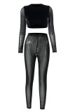 Black Fashion Sexy Patchwork Tear O Neck Long Sleeve Two Pieces