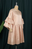 Apricot Fashion Casual Solid Patchwork Flounce V Neck Long Sleeve Dresses