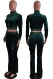 Green Casual Solid Embroidered Patchwork Zipper Long Sleeve Two Pieces