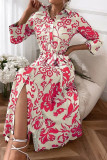 Pink Casual Print Patchwork Buckle Turndown Collar Shirt Dress Dresses
